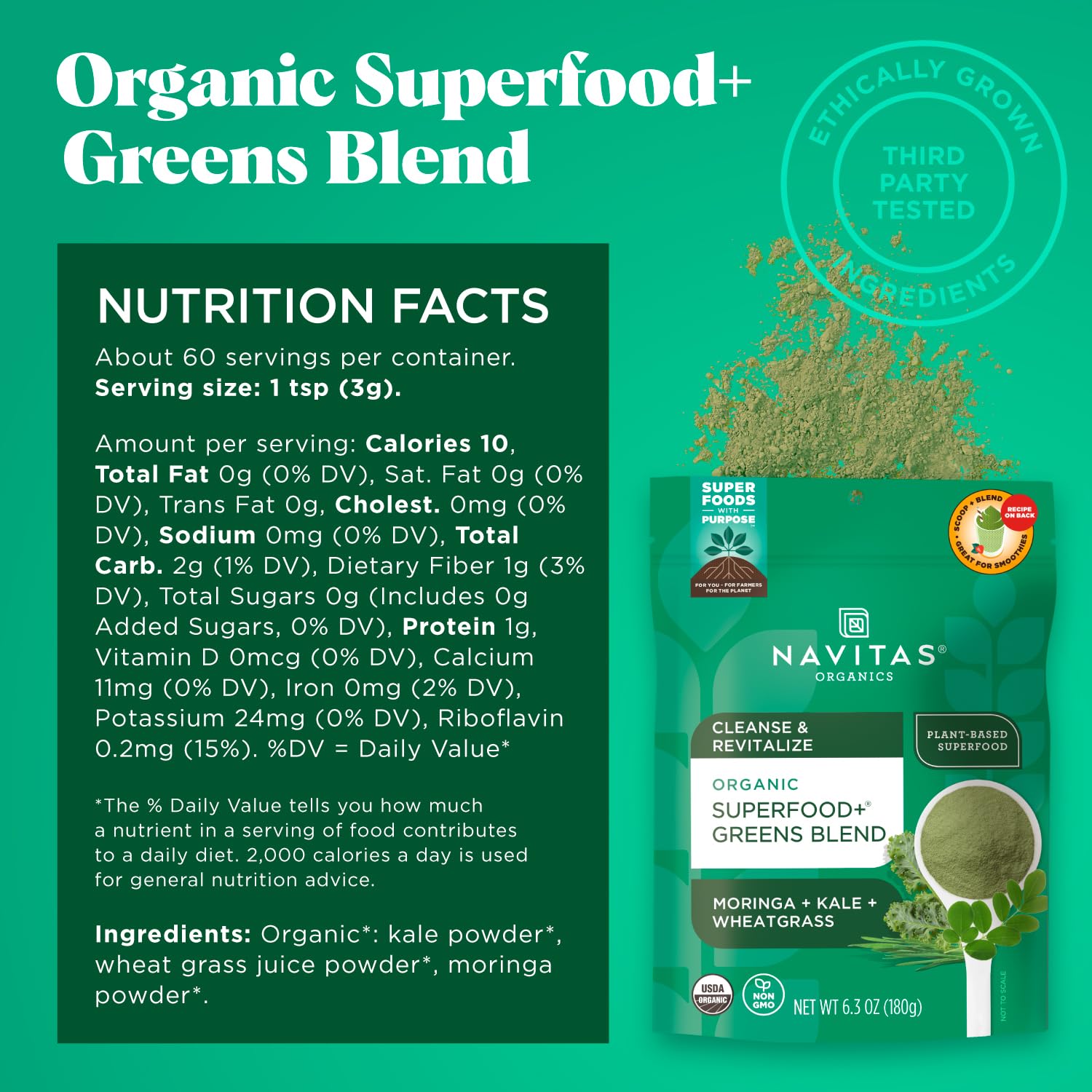Navitas Organics Superfood+ Greens Blend for Detox Support (Moringa + Kale + Wheatgrass), 6.3oz Bag, 30 Servings — Organic, Non-GMO, Vegan, Gluten-Free, Keto & Paleo.…