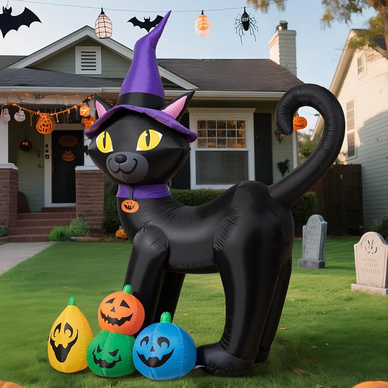 180CM Black Katze Halloween Aufblasbare Dekoration – Aufblasbare Zaubererkatze Gartendeko mit integrierten LED Leuchten – Blow Up Halloween Decoration Outdoor für Rasen Garten Party — Foto 1 von 8