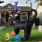 6FT Halloween Inflatable Black Cat with Witch Hat and 4 Colorful Pumpkins, Cute Blow Up Yard Decoration with LED Lights for Lawn, Garden, Balcony, Outdoor Holiday Party Events