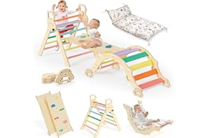 BlueWood Pikler Triangle Set with Cushion, 8-in-1 Climbing Toys for Toddlers, Montessori Philosophy Play Jungle Gym with Arch, Ramp, Ladder(Sunshine Rainbow)