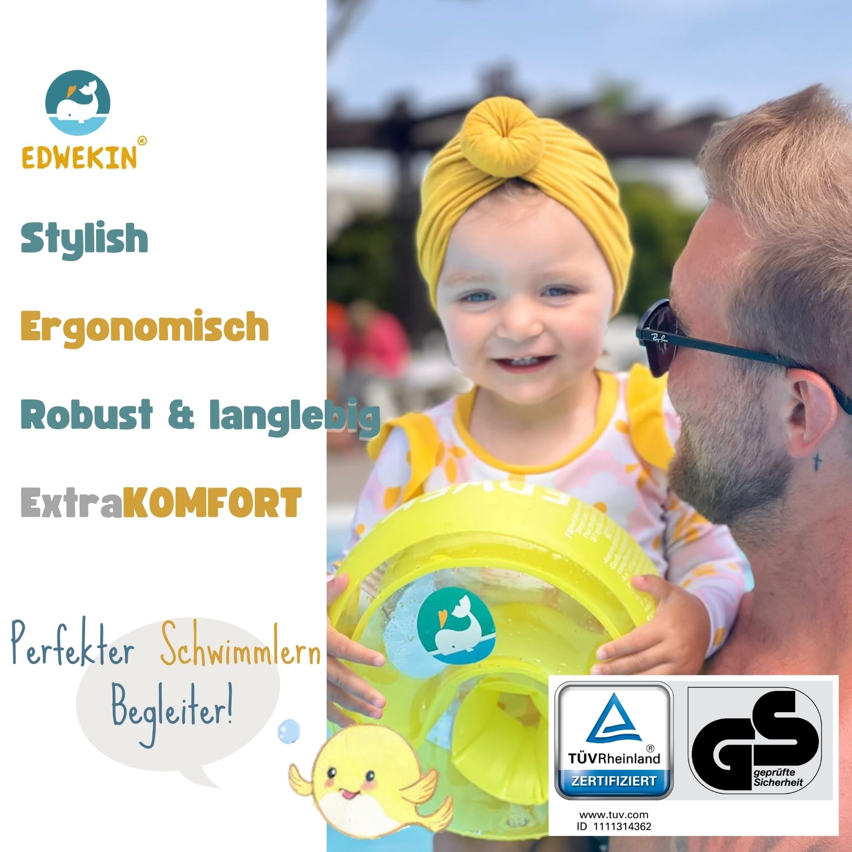 EDWEKIN® Goldi Premium Schwimmflügel | TÜV & GS-geprüft ✓ | Für Kinder 1–6 Jahre | Extragroße Luftkammern, BPA-frei, transparentes Design | Führende Schwimmhilfe für Babys und Kleinkinder 4