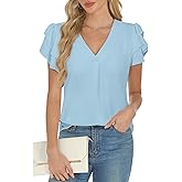 AURUZA Blouses for Women Dressy Casual, V Neck Ruffle Short Sleeve Business Casual Tops Wrok Office Flowy Summer Shirts