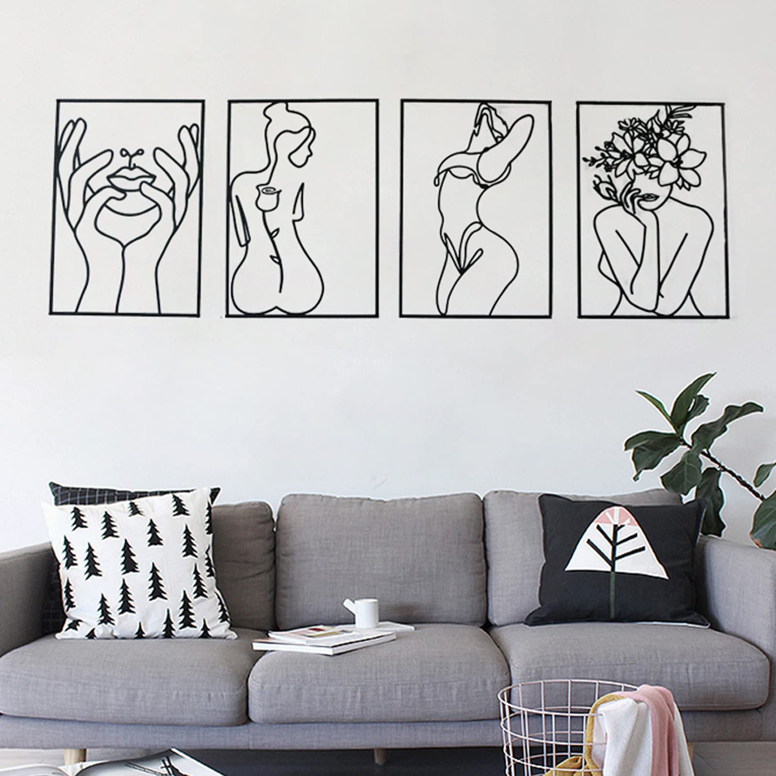 Glamativity 4 Pack Black Wall Art Décor, Minimalist Décor Single Line Art Wall Décor, Real Metal Wall Art, Woman's Body Shape Abstract Wall Art (Black Classic Style, M Size 17 x 11.8'')