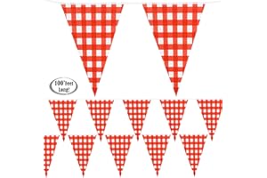 Red Checkered Banner 100’ Feet Long | Gingham Pennant Flags | Red and White Checkered Pennant Banner | Carnival, Picnic, Party Red Checkered Flags | By Anapoliz