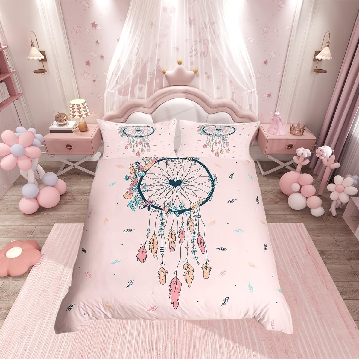 Dreamcatcher Bedding Set Kids Bohemian Comforter Cover Set for Boys Girls Pink Dream Catcher Duvet Cover Breathable Feather Bedspread Cover Double Size — image 1