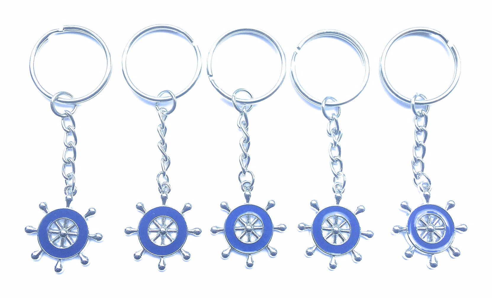 FizzyButton Gifts Set of 5 blue enamel ships wheel sailing boat keyrings for birthday party bag fillers