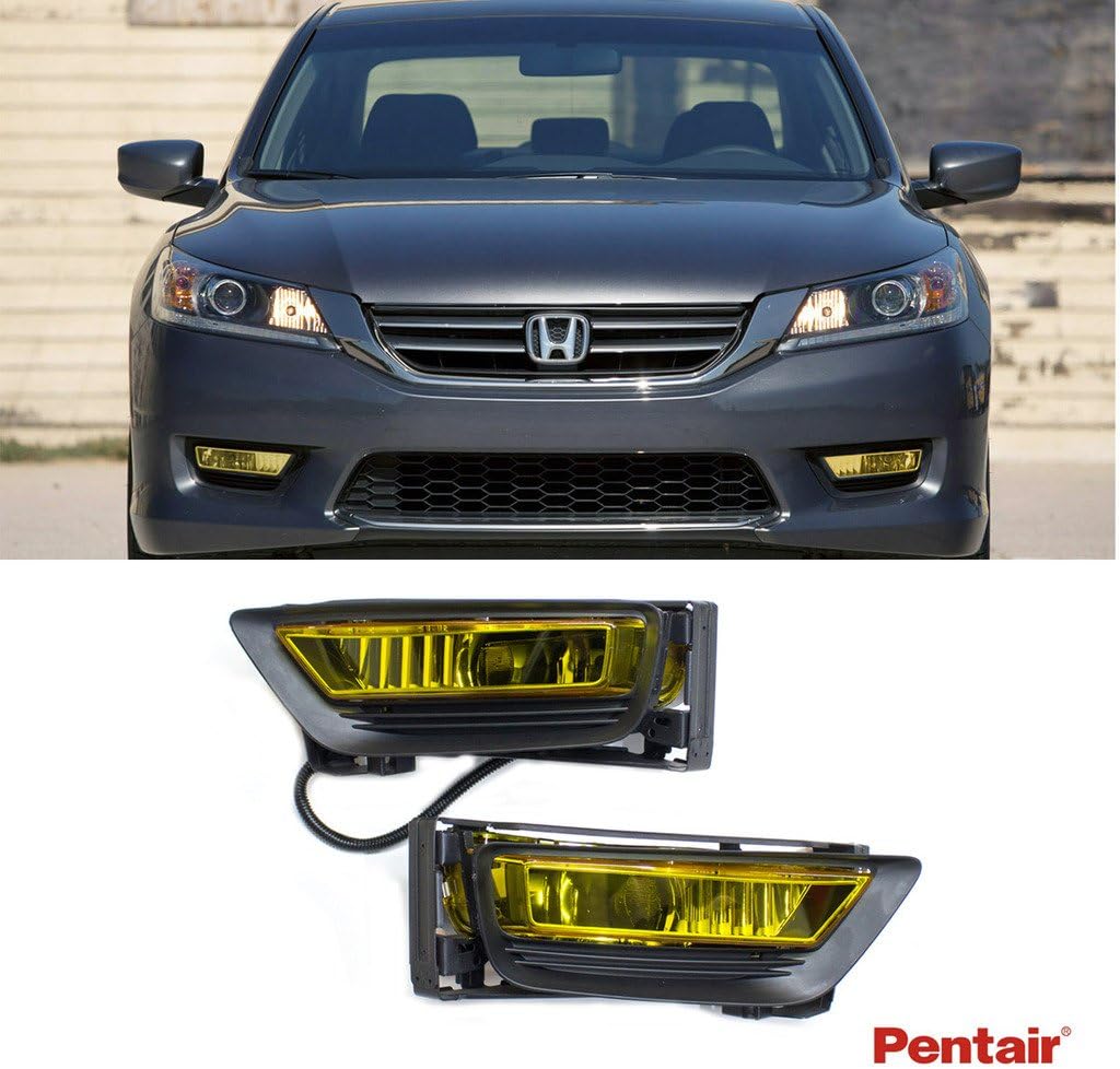 TWE 2pcs Aftermarket JDM Yellow Lens Fog Lights With H8 Bulbs+Cover+Switch+Wiring Harness+Relay+Bracket Fit 13-15 Honda Accord 4-Door Sedan Model Only