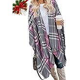 Bestshe Women's Boho Open Front Poncho Knitted Plaid Shawl Wrap Cape Tassel Cardigan Sweater