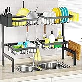 SNSLXH 4 Baskets 2-Tier Over The Sink Dish Drying Rack, 26.57"-35", Large Sink Rack for Kitchen, Extensible and Adjustable, S