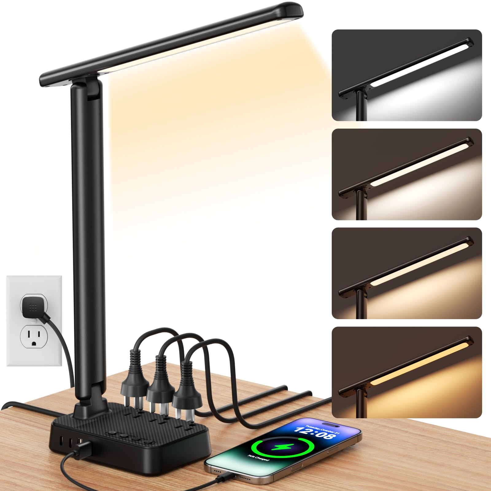Airlonv LED Desk Lamp for Office Home, Power Strip with 3 Outlets 4 USB Charging Ports(2 USBC), 4 Modes 5 Level Brightness Desk Light, Small Desk Lamp for College Dorm Room Essentials Image