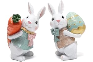 Hodao 5.5 Inch Polyresin Bunny Decorations Spring Easter Decors Figurines Tabletopper Decorations for Party Home Holiday Cute Rabbit Easter Gifts (Orange Blue)