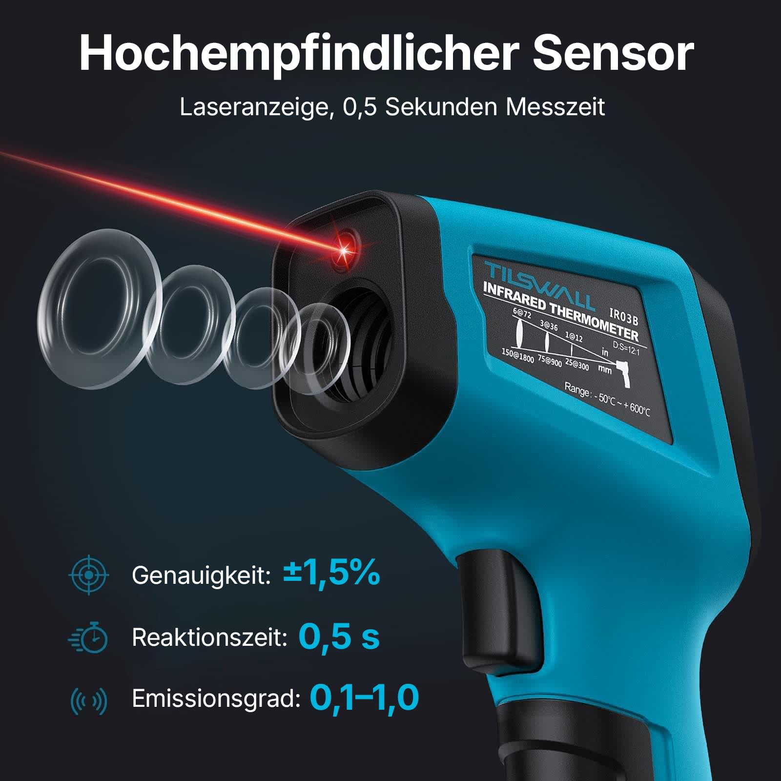 Tilswall Infrarot Thermometer(nicht für Menschen) -50°C bis 600°C IR Digital Laser Temperaturmessgerät für Kochen/Barbecue/Pizza Oven/Gefrierschrank/Industrie (Fleischthermometer inklusive) 2