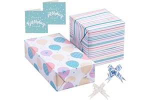 LeZakaa Birthday Wrapping Paper Set with 2 Pcs Gift Tags and Pull Bows - Balloon & Stripe Printed Paper for Gift Wrap, Arts C