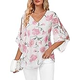 Bebonnie Womens Ruffle 3/4 Sleeve V Neck Double Layers Chiffon Blouses Dressy Tops