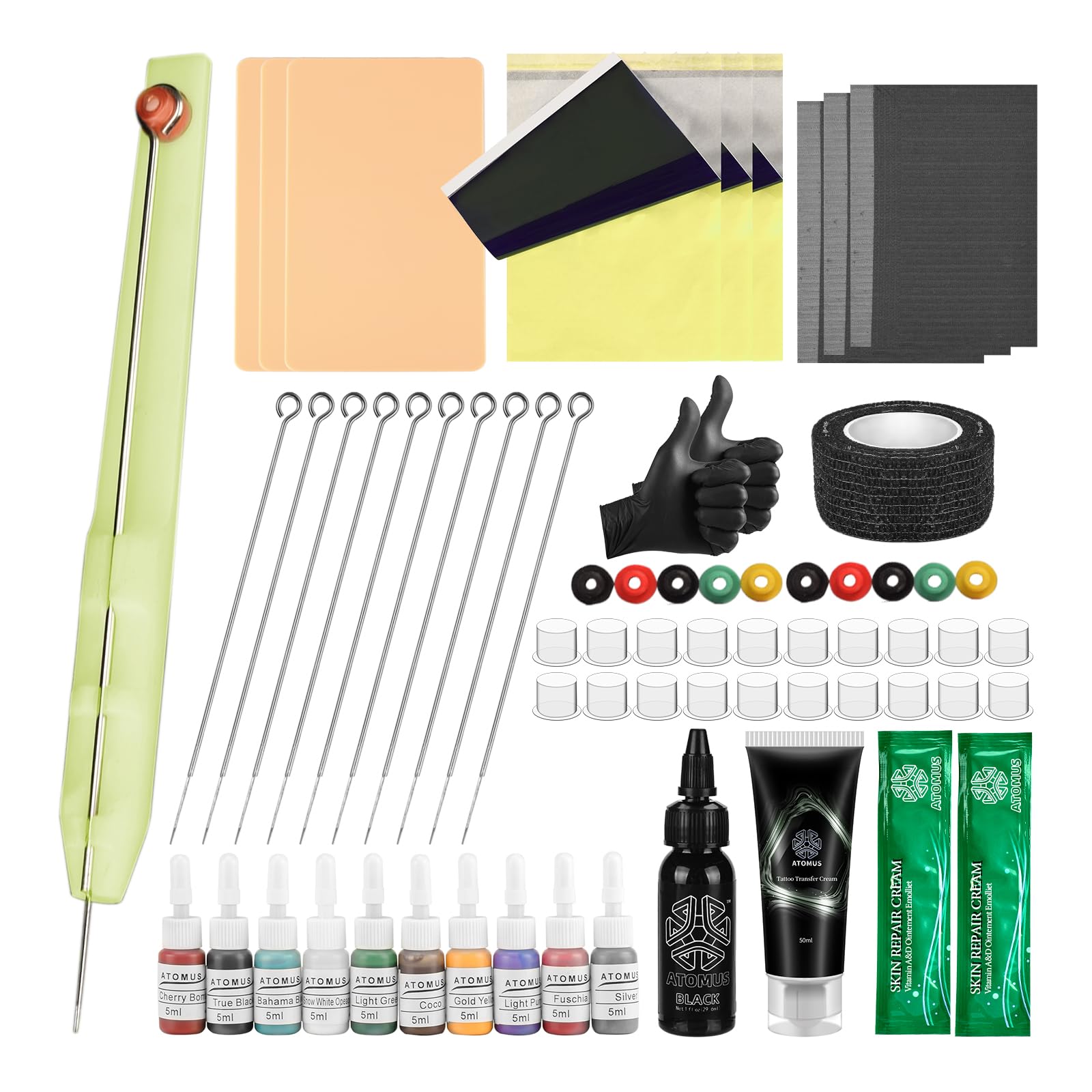ATOMUS Tattoo Stick Manual Pen Kit with Tattoo Inks, Needles, Practice Skin, Ink Cups, Transfer Papers (KIT 1)
