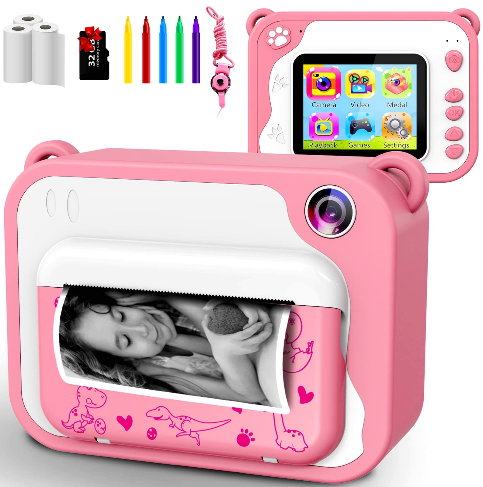 USHINING Kids Digital Camera, Instant Print Camera Toy for 3-12 Year Old,1080P HD Kids Digital Video Camera with Photo Paper Birthday Gifts for 3 4 5 6 7 8 9+ Year Old Girl 5 Colour Pens 32GB SD Card