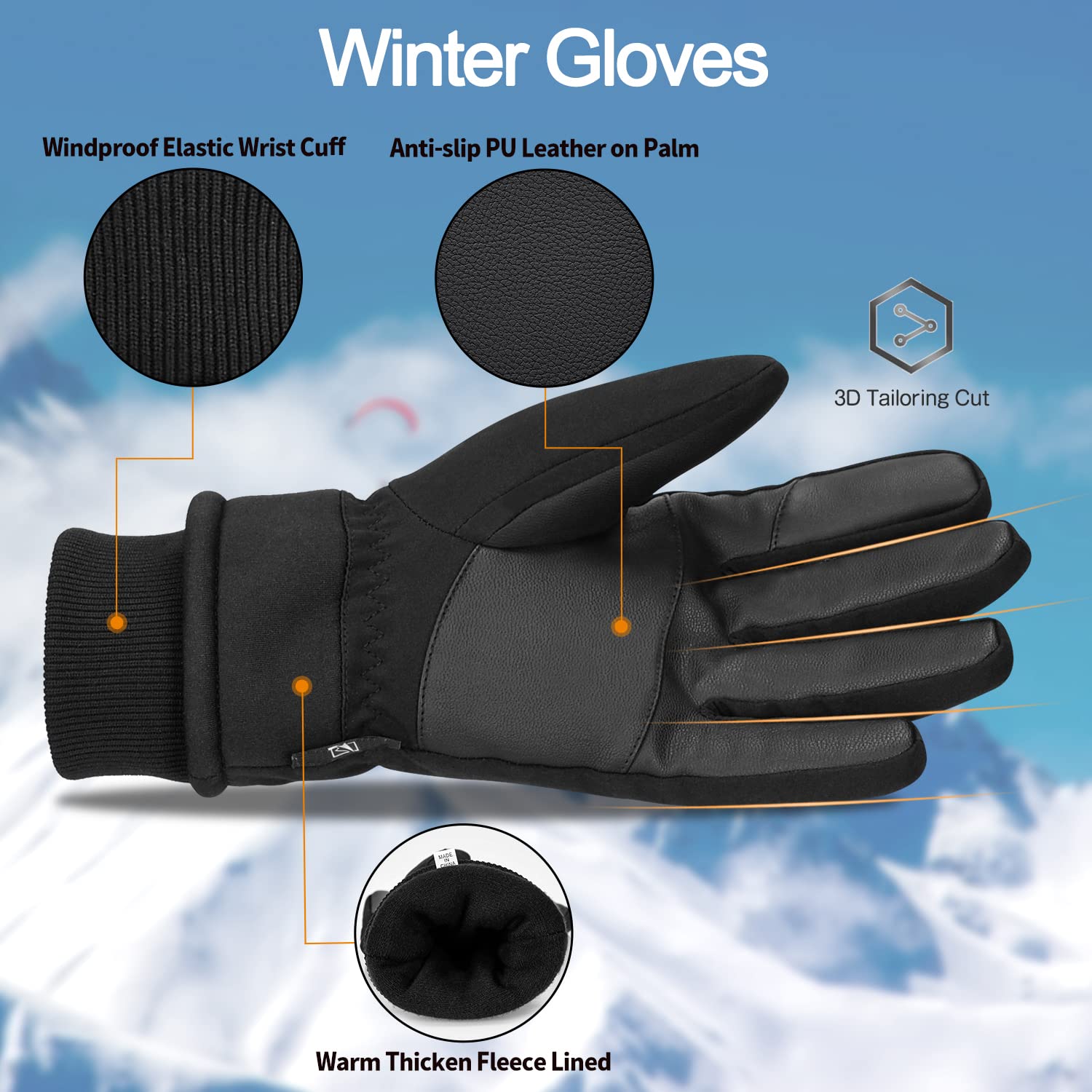 TOLEMI Winter Gloves, -20℉ Waterproof Ski Gloves 3M Thermal Gloves Touchscreen Gloves Snowboarding Insulated Gloves for Cycling Running Climbing Hiking Outdoor Sports(Black, M)