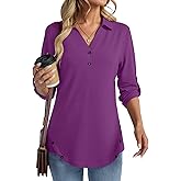 TICTICMISS Women's 3/4 Length Rolled Sleeve Tunic Tops Collared V Neck T Shirts Both Side Buttons Blouses