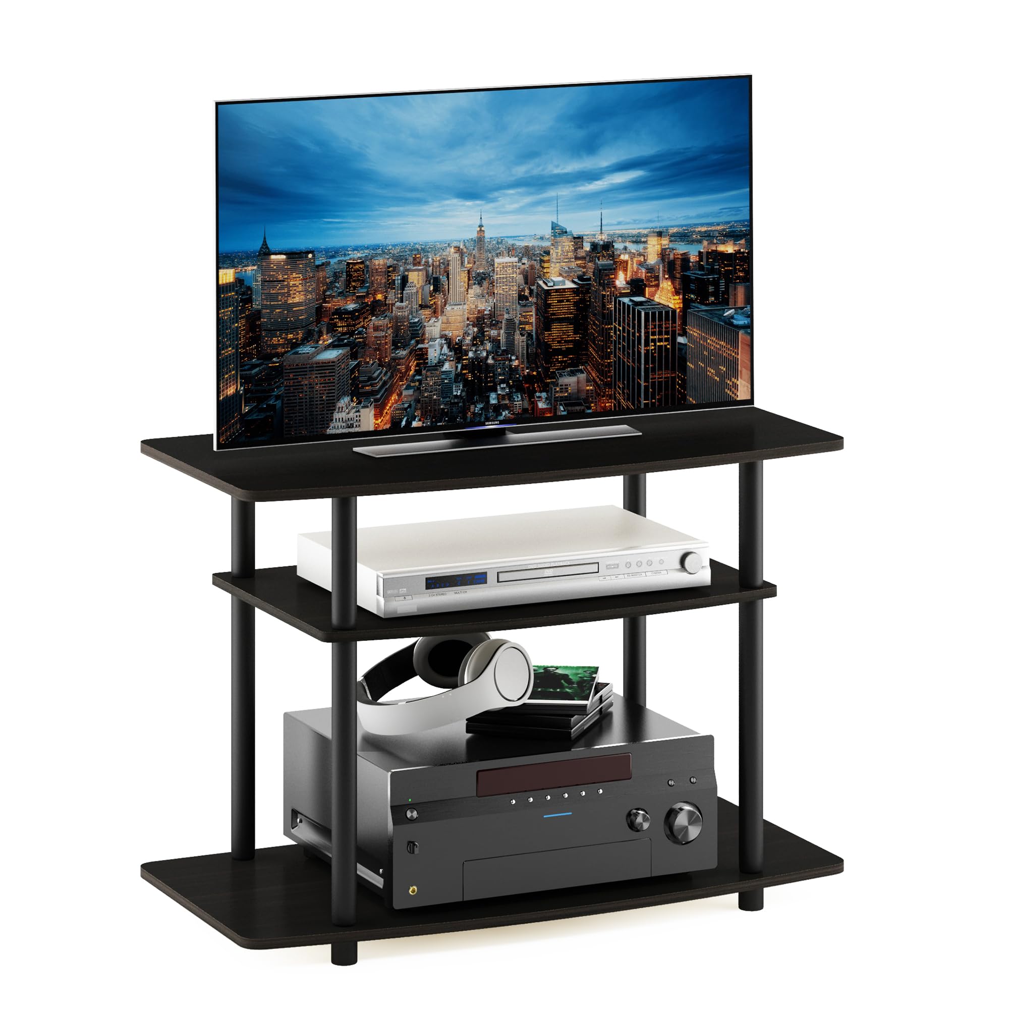 Furinno TURN-N-TUBE TV Stand, 3-Tier No Tools Entertainment Center, TV Console for TV up to 32 Inch, for Living Room, Bedroom, Espresso