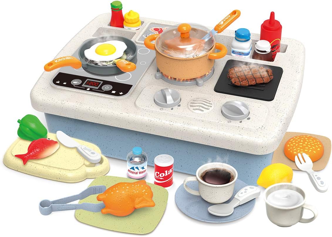 INTMEDIC Wheat Straw Kids Pretend Kitchen Playset with Induction Cooker, Electronic Kitchen Set, Play Oven and Other Kitchen Accessories Toys, Great Gift for Toddlers Boys Girls, Age 3 4 5 6 7