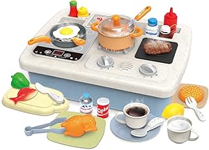 INTMEDIC Wheat Straw Kids Pretend Kitchen Playset with Induction Cooker, Electronic Kitchen Set, Play Oven and Other Kitchen Accessories Toys, Great Gift for Toddlers Boys Girls, Age 3 4 5 6 7