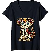Womens Dia De Los Muertos Dog Shirt Day of The Dog Dead Sugar Skull V-Neck T-Shirt