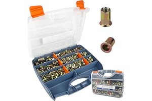TR TOOLROCK 860pcs Rivet Nut Kit, SAE UNC Rivet Nuts Assortment 6#-32, 8#-32, 10#-24, 1/4"-20, 5/16"-18, 3/8"-16, 1/2"-13, Zinc Plated Finish, Carbon Steel Flat Head Insert Threaded Rivet Nut Tool Kit with Case