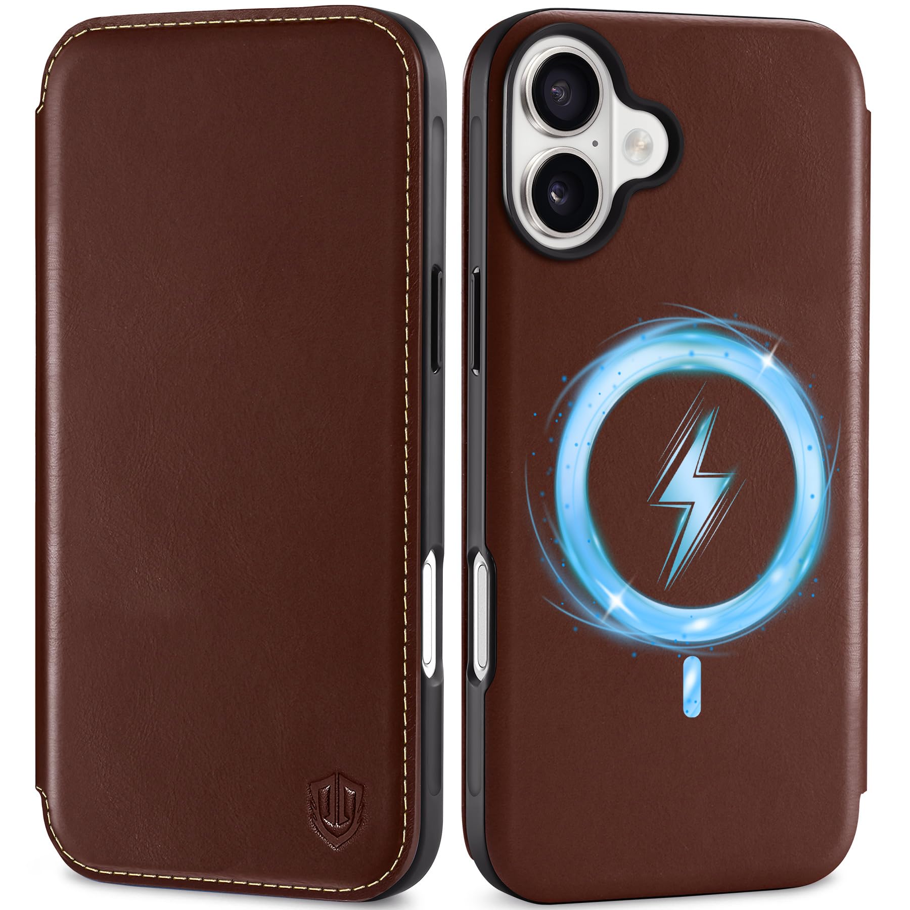 SHIELDON Wallet Case for iPhone 16 Plus 5G, Genuine Leather Slim Flip Case [Magnetic Wireless Charging][RFID Blocking][Card Slot] Shockproof Folio Cover Compatible with iPhone 16 Plus - Retro Coffee — image 1