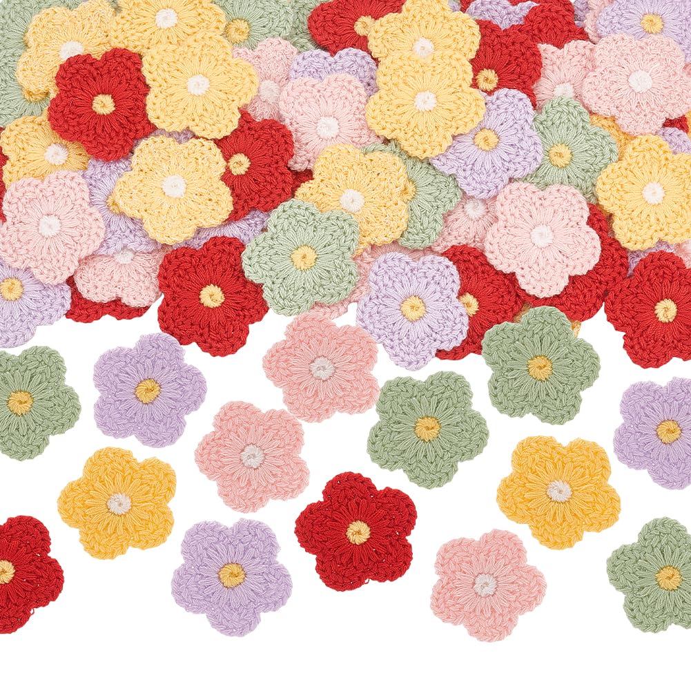 FINGERINSPIRE 100 PCS 5 Colors Crochet Applique 26mm Sewing Flowers Cloth Patches Handmade Knitted Flower Accessories for Clothing Repair DIY Craft