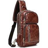 LANNSYNE Full Grain Leather Sling Bag For Men Crossbody Chest Daypack fits 10.5" iPad