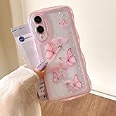 UEEBAI Wave Butterfly Case for Samsung Galaxy S25 Edge Case, Pretty Bling Star Butterfly for Women Cute Shiny Glitter Phone Cover for Girls Bling Clear Cover Curly Shockproof Girly Shell - Pink