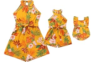 AWIBMK Mommy and Me Floral Leaf Family Matching Summer Beach Hawaiian Vacation Jumpsuit Romper Summer Casual Clothes