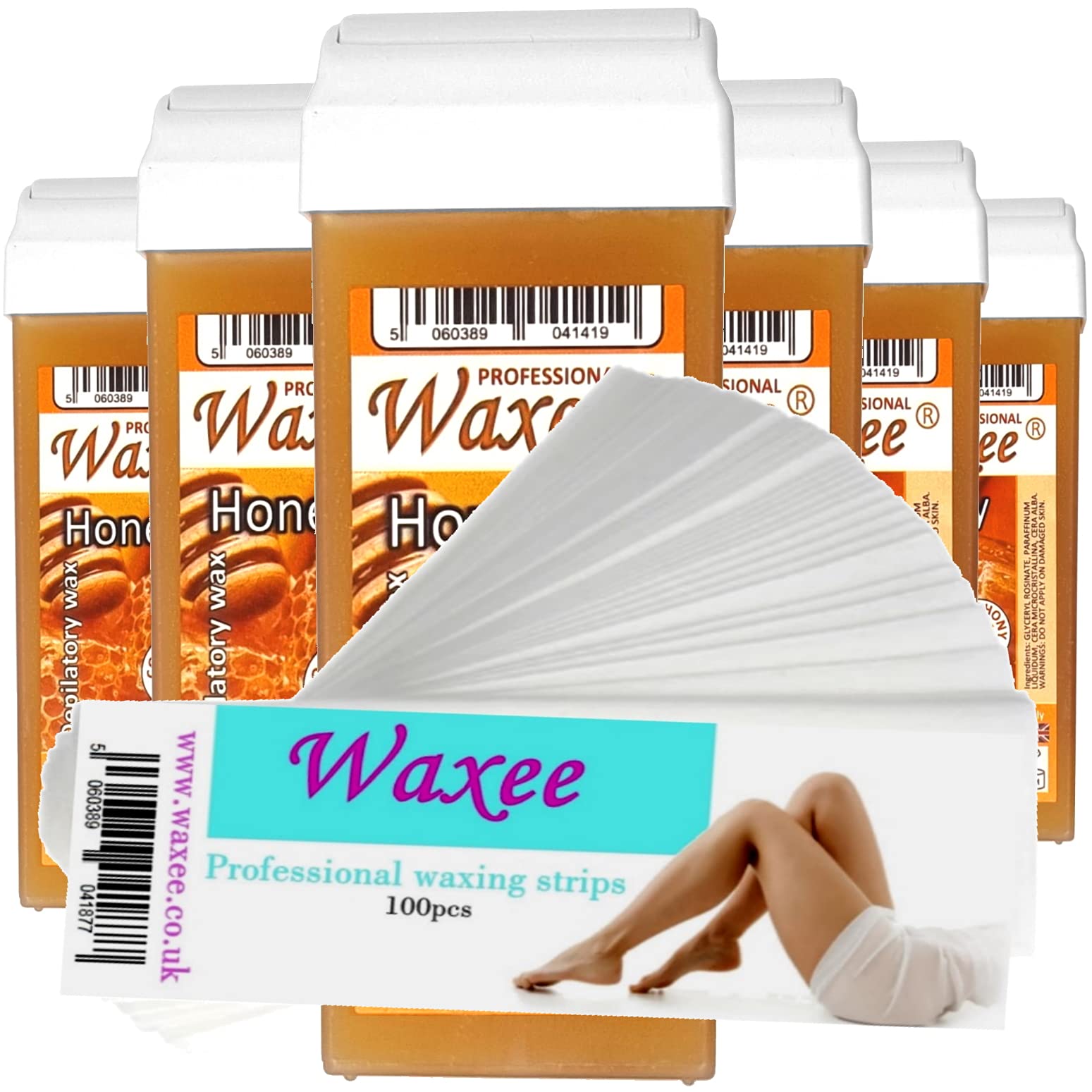 6x 100ml roll on wax, roller wax cartridge Honey + 100 strips Body & Leg waxing, from UK Brand- Waxee