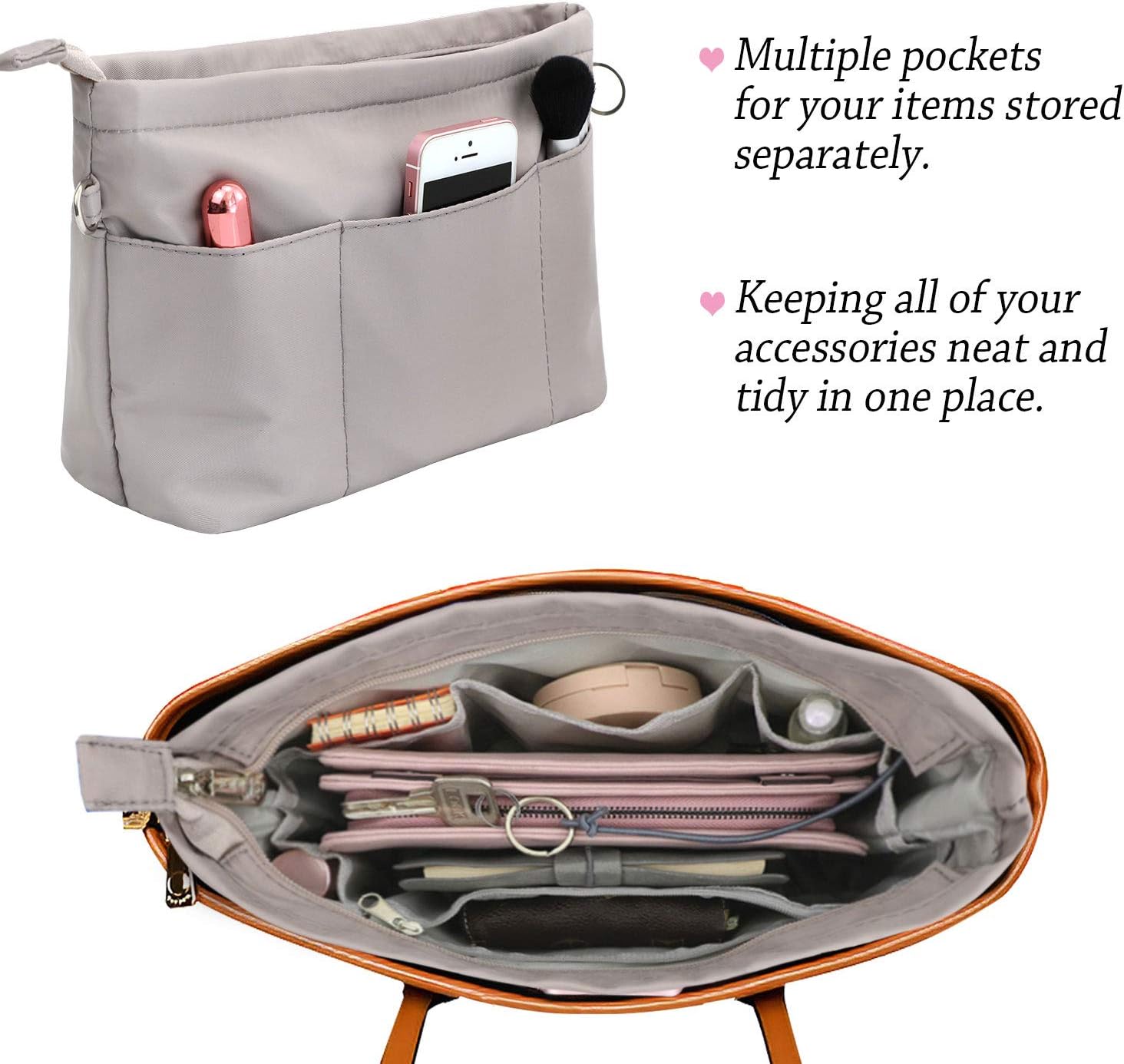 HyFanStr Bag Organizer for Longchamp Le Pliage Large Tote Bag Organizer with Zipper for Women Handbag Organizer Inside Liner with 13 Pockets (Grau - Image 4