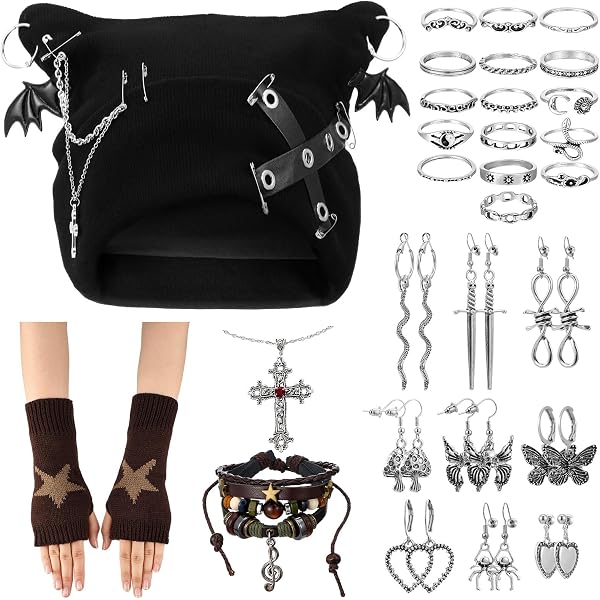 2-Piece Grunge Set: Cat Ear Beanie and Messenger Bag, Knit Hat & Canvas Amazon.com: Quelay 22 Pcs Y2k Grunge Knitted Cat Beanie with  main image 3