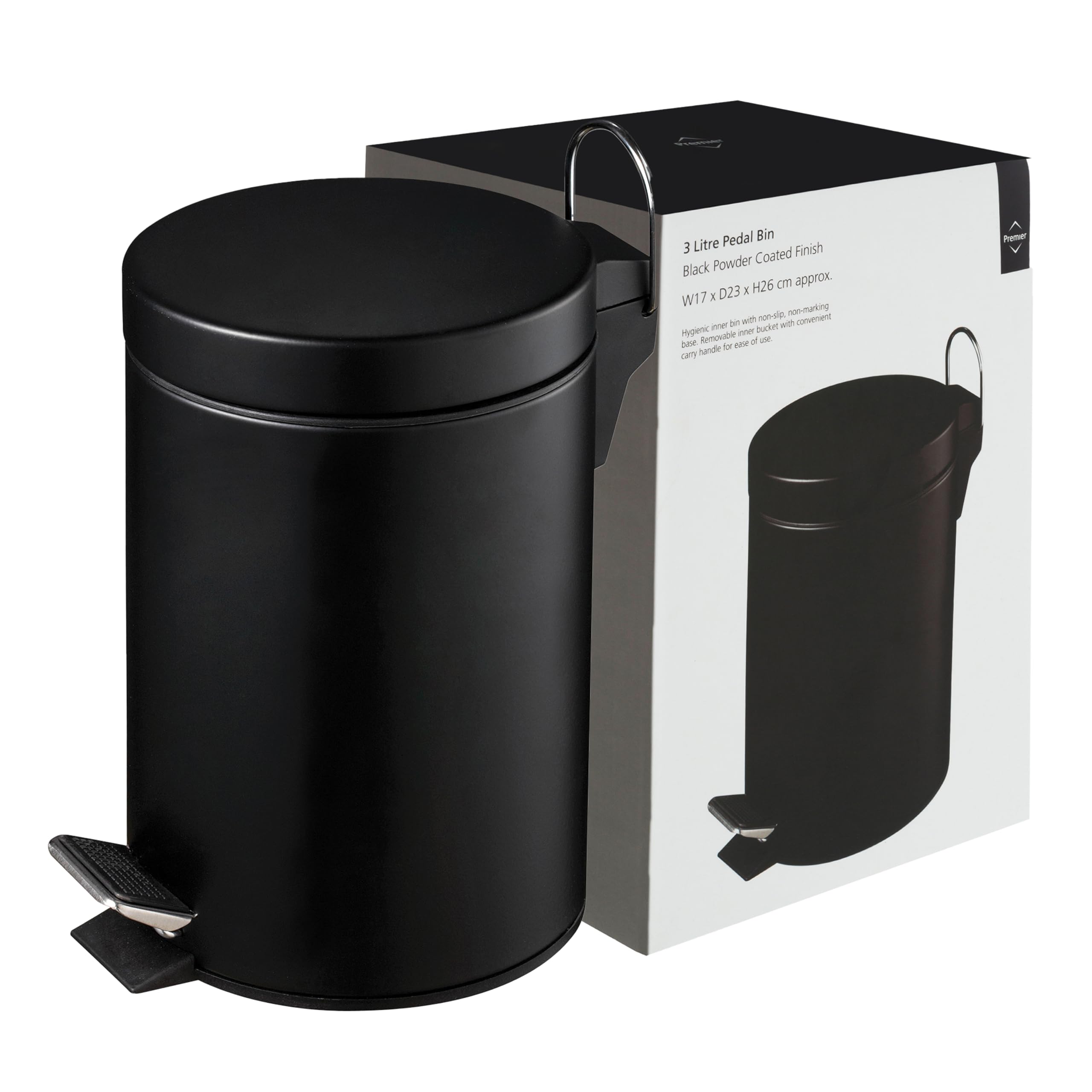 Premier Housewares Pedal Bin Matte Black Kitchen Bin Stainless Steel Bathroom 3 L,H26 x W17 x D23cm