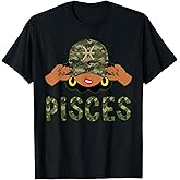 Pisces Queen Black Woman With Camo Cap Afro Girl Zodiac T-Shirt