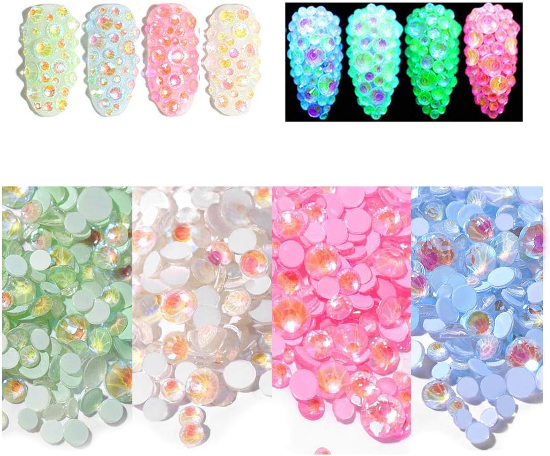 ULGAI Nail Rhinestones, Luminous AB Crystal Rhinestones with Mixed Sizes, Round Flatback Fluorescent Rhinestones for Nails, 3D Nail Decoration Glow in the Dark, Halloween Nail Art