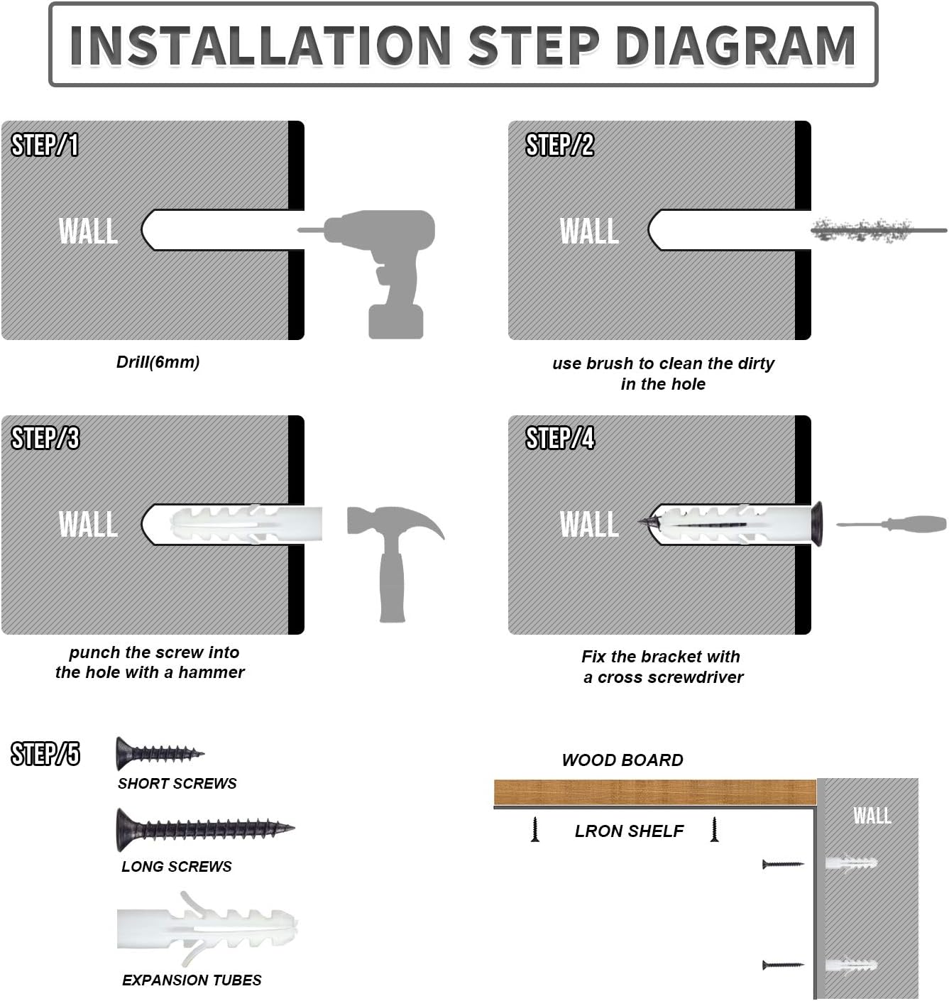 Shelf Bracket Metal Black Wall Bracket Heavy Duty Bracket with Edge for DIY Open Shelf, Multiple Sizes Available 8"X6"(4 Pack): Home Improvement