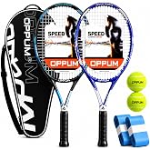 OPPUM Adult Tennis Racket Set of 2, 27 Inch Pre-Strung for Beginners | 100 sq in head, 300g &plusmn;5g frame, 335 mm balance and 4 3/8 in grip for adult beginners.