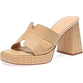Monrovia Raffia Heeled Sandals for Women,Platform Wedge Slip On Block Heel, Dressy Summer Open Toe Chunky High Heel Vacation Beach Slides Sandals