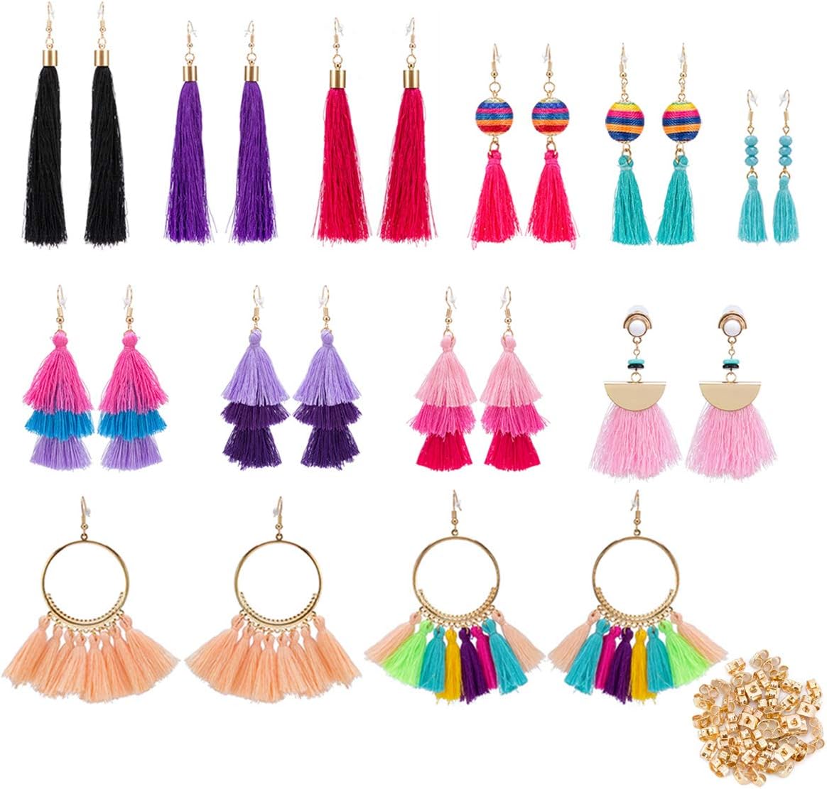 12 Pairs Colorful Thread Tassel Earrings Hoop Earrings, Fan-shaped Drop Earrings, Long Fringe Drop Bohemian Earrings and Tiered Dangle Earrings Gift Set for Women Girls Accessories (100 Earring Backs)