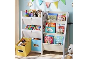 Kids Bookshelf Storage Organizer - Book Shelf for Kids Rooms, 6 Bins for Organizer and 3 Sling Bookcase, Toddler Baby Montess