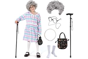 FAYBOX Old Lady Wig Costume for Kids,100 Days of School Costume for Girls,Grandma Granny Costume Wig for Halloween Cosplay