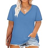CARCOS Plus Size Tops for Women Short Sleeve Summer Pullover Waffle Knitted T Shirt V Neck Basic Tunic XL-5XL