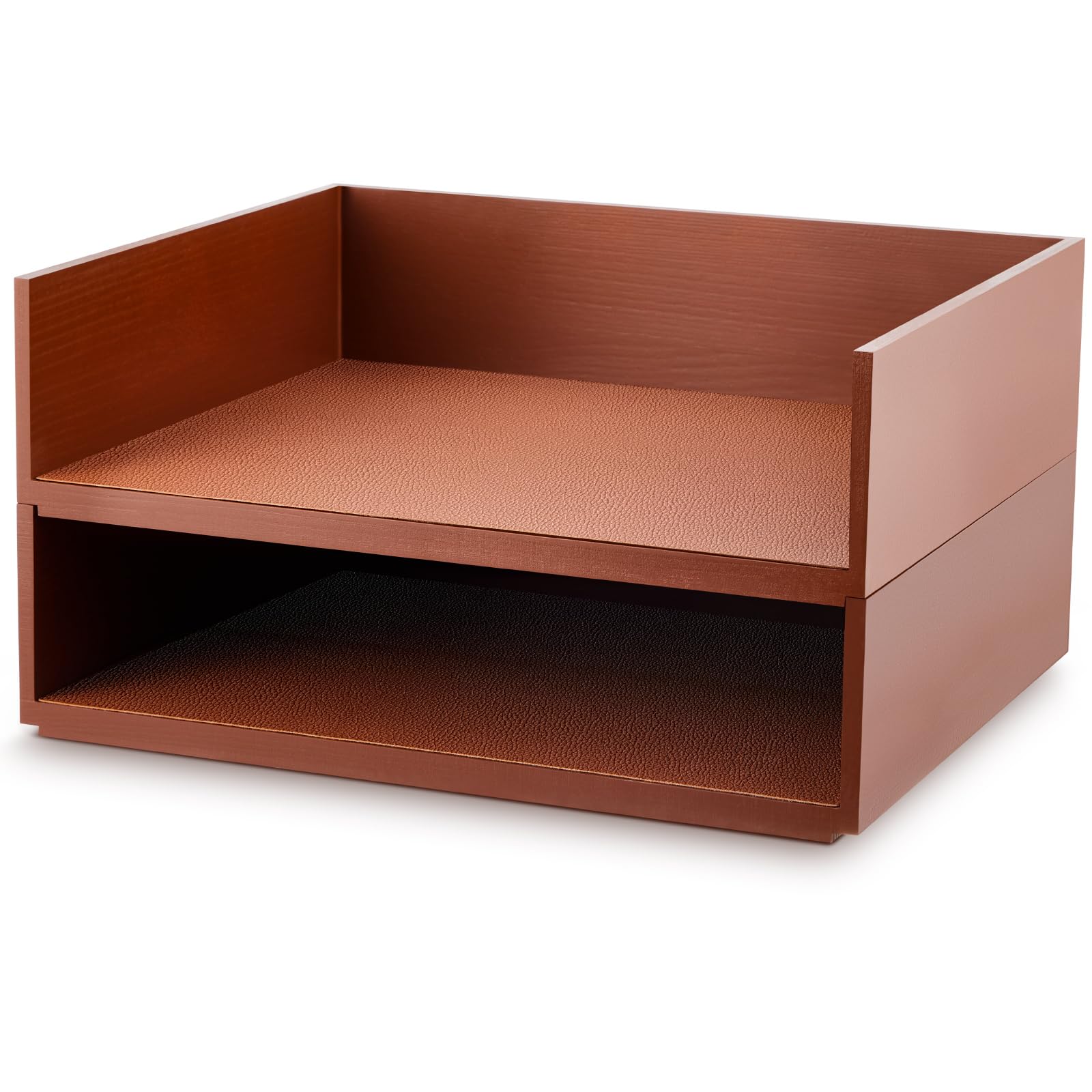 Photo 1 of Yeaqee 2 Pcs Wooden Leather Stackable Letter Trays 13 x 10.6inch Luxurious Surface Desk Letter Tray Heavy Paper Inbox Mail Organizer for Office Document Magazine Folder Desktop Accessories(Brown)