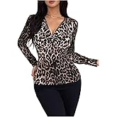 GORGLITTER Women's Cheetah Print Top Leopard Long Sleeve Y2k T Shirts Lace Up Chain Going Out Tops