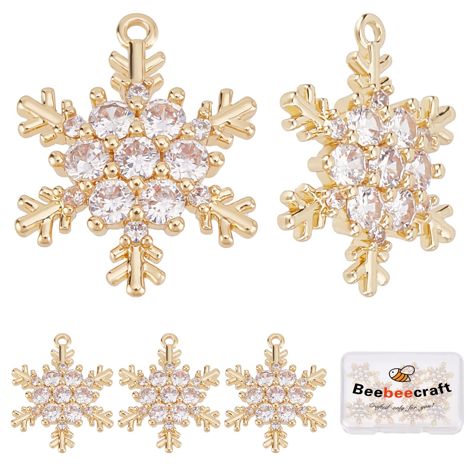 Beebeecraft 10Pcs 18K Gold Plated Snowflake Charms Cubic Zirconia Winter Christmas Xmas Charms Pendants for Bracelet Necklace Jewellery Making DIY Crafts