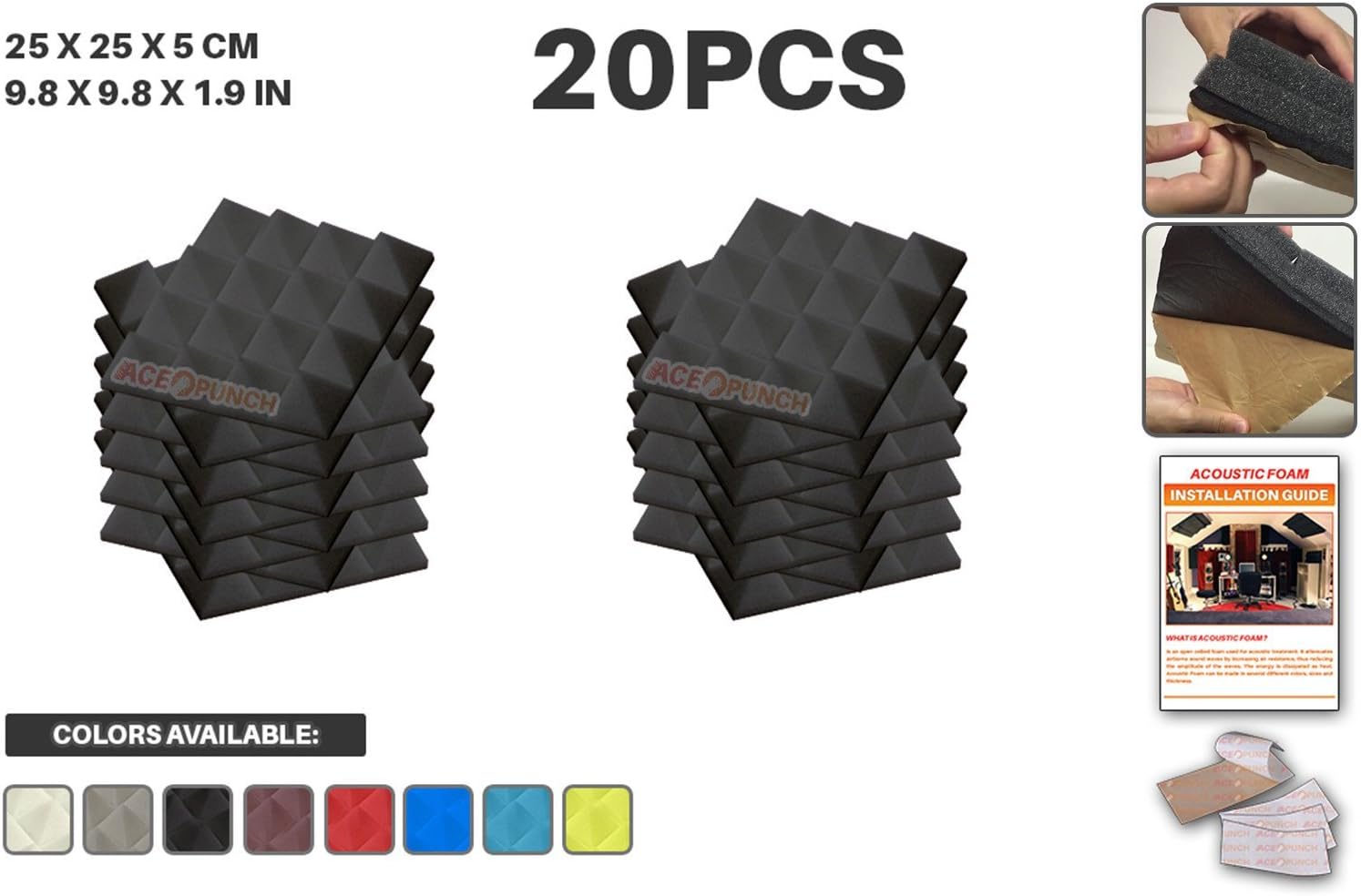 Acepunch 20 Pack Black Self Adhesive Pyramid Acoustic Foam Panel DIY Design Studio Soundproofing Wall Tiles Sound Insulation with Free Mounting Tabs 9.8" x 9.8" x 1.9" AP1053