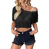 Hilinker Women's Sheer Mesh Crop Tops See Through Off The Shoulder Shirts Short Sleeve Tee